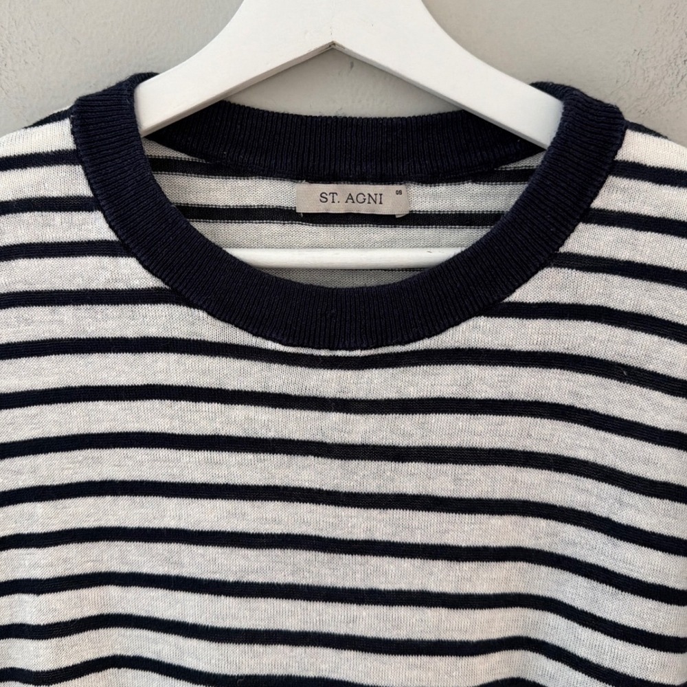 St. Agni Women OSFM Black Off White Striped 100% Linen Knit Crew Neck Top